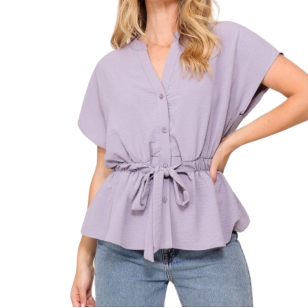 EVERY DAY FLATTERING TIE WAIST BUTTON DOWN, LAVENDER TOP CAP SLEEVE